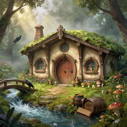 medieval hobbit home, ornate, beautiful, atmosphere, vibe, mist, smoke, chimney, rain, book, barrel, wet, mushrooms, pristine, puddles, dripping, waterfall, creek, crow, bridge, forest, flowers, concept art illustration, color page, 4 k, tone mapping, doll, akihiko yoshida, james jean, andrei riabovitchev, marc simonetti, yoshitaka amano, digital illustration, greg rutowski, volumetric lighting, sunbeams, particles