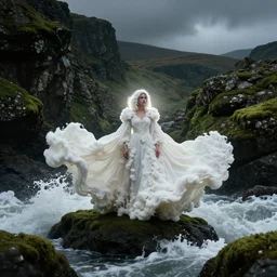 dark and moody 1 9 7 0's artistic spaghetti western film in color, a woman in a giant billowy wide long flowing waving dress made out of white sea foam, standing inside a green mossy irish rocky scenic landscape, crashing waves and sea foam, volumetric lighting, backlit, moody, atmospheric