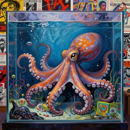 acrylic painting of an octopus in a bizarre nightmare aquarium in tokyo, mixed media collage by basquiat and jackson pollock, maximalist magazine collage art, retro psychedelic illustration