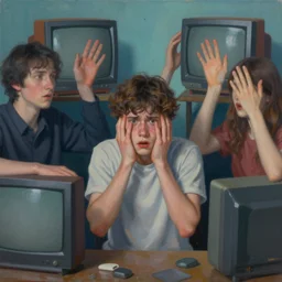 a surreal colourful painting of a frightened young man surrounded by people without eyes and crt television s 1 5 0