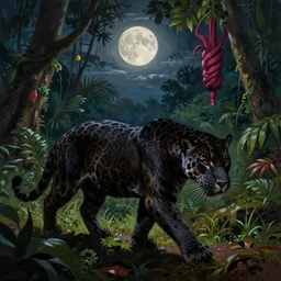 a beautiful matte painting of a black jaguar walking in the jungle at night, with full moon in the sky, ayahuasca, by Pablo Amaringo