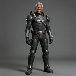 A photorealistic full body illustration of Morgan Freeman wearing the HEV suit from half life 2