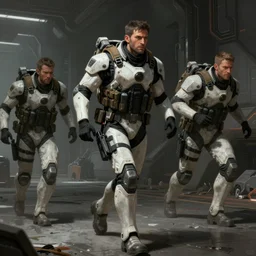 concept art by greg rutkowski, soldiers wearing futuristic white and black tactical gear, running through a brutalist futuristic interior, dim lighting, detailed portraits, stressfull atmosphere, scifi, digital painting, artstation, concept art, smooth, sharp foccus ilustration, artstation hq