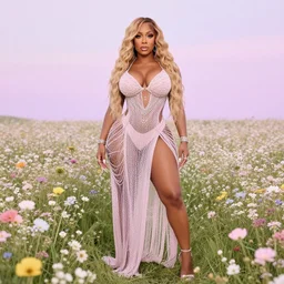 megan thee stallion, in field of flowers, full body, seductive, intricate details, sharp focus, dreamy, pastel