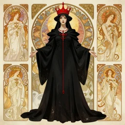 demon girl, black robe, red crown, full body shot, fantasy character, detailed illustration, hd, 4k, digital art, overdetailed art, concept art, by greg rutkowski, by Alfons Mucha, complementing colors, Trending on artstation, deviantart