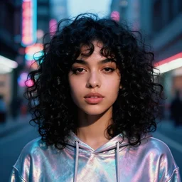 A hyper realistic and detailed head portrait photography of curvy raven-hair young woman in a iridescent hoodie on a futuristic street. by Annie Leibovitz. Neo noir style. Cinematic. neon lights glow in the background. Cinestill 800T film. Lens flare. Helios 44m