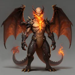 full body anime style dragon in humanoid form, bald with a beard made of fire. fantasy style. very punk / alt aesthetic. wings and tail, a highly detailed, digital painting, artstation, concept art, matte, sharp focus, illustration, art by artgerm and greg rutkowski