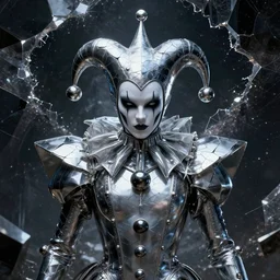 impressive ominous front shot photo of a court jester character fine portrait fine portrait mesmerizing fractal hyper cubes platinum cracked dark future hyper dimensional space galactic crystal nebula edges elegant detailed intricate concept artstation sharp focus ray tracing cinematic masterpiece temporal corruption beeple wlop germ 8 4 k scifi glossy hyper realistic illustration