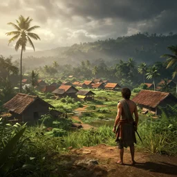 establishing shot of a kerala village, an epic fantasy, dramatic lighting, cinematic, extremely high detail, photorealistic, cinematic lighting, matte painting, artstation, by simon stalenhag, Uncharted 4: A Thief's End