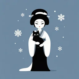 full body icon stylized minimalist an asian girl with geisha makeup holding a cute black cat surrounded by snowflakes, loftis, cory behance hd by jesper ejsing, by zdzisław beksinski and norman rockwell and greg rutkowskiweta studio, and lucasfilm - c 1 0