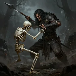A rogue fighting a skeleton. Dark Fantasy. Artstation.