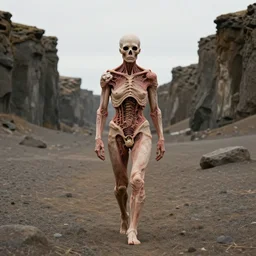Human made of flesh and cadaver walking in the desert, Basalt Canyon Iceland. by Beksinski and Mobius, Photorealistic, 8K