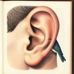 stipple shaded illustration of a human ear, a bird looking inside the ear, by ilya kuvshinov, anatomy book, retro flat colors, retrofuturism