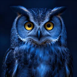 alphonse mucha, art by greg rutkowski, highly detailed, blue night lighting, artstation, cgsociety, portrait of a gray owl, digital painting, symmetrical, cinematic lighting, album cover art, sharp focus, bright golden eyes in the night, concept art, illustration
