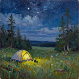 a realistic photo camping in the beautiful wilderness. open field. starry night with some clouds. palette knife oil painting on canvas by leonid afremov.
