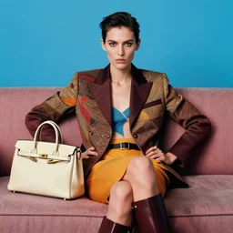 extremely detailed studio portrait of a fashion model sitting on a sofa with a bag. surreal photograph, lo - fi, perfect face model, polished look, solid background, silly and serious, hermes ad, fashion photography, toiletpaper magazine by pierpaolo ferrari and maurizio cattelan, 3 5 mm photograph, colourful, david lachapelle, canon eos c 3 0 0, 8 k, medium - format print