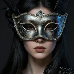 a beautiful half - masked woman wearing a venetian mask, intricate, elegant, highly detailed, digital painting, artstation, smooth, sharp focus, cyberpunk darksynth, dramatic lighting, illuminated lines, outrun, vaporware, intricate venetian patterns, by ruan jia and ilya kuvshinov and alphonse mucha