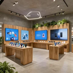 concept by studio ghibli hayao miyazaki!!!!! 2 0 3 0 s flagship retail interior. experience. telco digital screens phones. wood, polished concrete, neon, ceiling spots. plants. samsung microsoft apple nike adidas tesla muted colors.