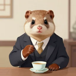the portrait a weasel in a suit ， sit and drink chinese tea by wenjun lin, irakli nadar, bright colors, octopath traveler, wenjun lin, unreal engine 5 highly rendered, global illumination, radiant light, detailed and intricate environment