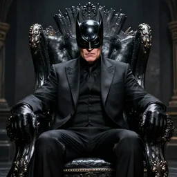 a photograph of dr. phil as an evil supervillain, wearing all black, sitting in a throne