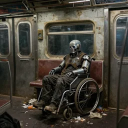 wallpaper of old disabled cyborg homeless, sit in dirty cyberpunk subway car, garbage on ground, painted by thomas eakins, highres textures, ambient occlusion, volumetric light, raytracing