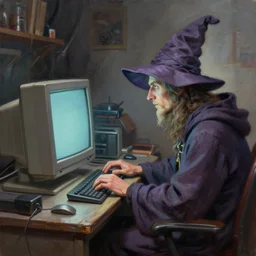 matte oil painting, side view of wizard sitting at a gaming pc, as a dnd character, typing on a keyboard, thick monitor, 9 0 s crt, inside a cluttered lab, wrinkled wizard hat, extremely detailed, digital illustration, concept art, readability, smooth, sharp focus, art by brothers hildebrandt, art by alex grey