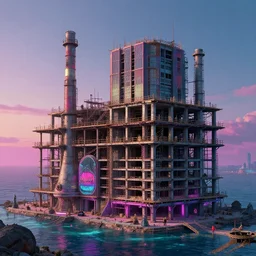 a beautiful very detailed highly detailed architecture industrial architecture building house unfinished building by stanley spencer, tundra retrowave magic realism at dusk scumm bar bladerunner 2 0 4 9 synthwave poppy vaporwave sea, archdaily, wallpaper, highly detailed, trending on artstation.