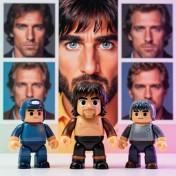 rambo versus rocky, focused, mugshots, photoshoot, sharp details, face photo, face details sharp, by donato giancola and greg rutkowski and wayne barlow and zdzisław beksinski, eyeballs, product photography, action figure, sofubi, studio lighting, colored gels, colored background,