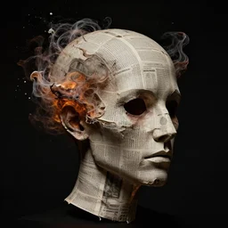 a dark high quality studio portrait of an exploding human head made from antique newspaper, intricate, morbid, dark cinematic lighting, surreal photography, simon stalenhag