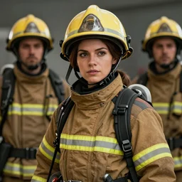 beautiful portrait of a female fire fighter who looks like Samus , character design by Mark Brooks and Brad Knuckle  4k detailed, soft lighting