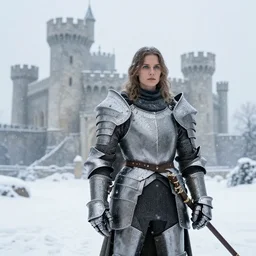 paladin knight in a snow storm in front of a castle, Mandy Jurgens