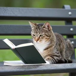 a cat reading on a park bench by ross tran
