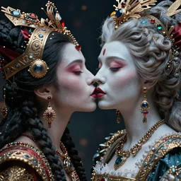 a high-resolution color-chrome extreme closeup portrait photo of a medieval voodoo Queen kissing a incredible elegant pale renaissance rococo Queen, with ornate jewelled, rococo Queen, sci-fi, high-tech, beautiful low light, style Steve McCurry Octane render 8k
