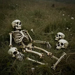 professional, atmospheric photograph of decaying skeletons and bones. in a meadow