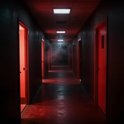 spooky photo of a dark infinite hallway with open lit doorways all the way down, dramatic lighting, smoke, ceiling fluorescent lighting, black and red colour palette