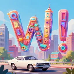 a vibrant illustration of a city scene made up of the!!! alphabet!!!, capital letters, abc, buildings of letters, digital painting, artstation, concept art, smooth, prismatic, cartoonish, white thunderbird car