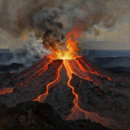 close up of a man on the brink of a volcano with flowing lava. painting by martin johnson heade