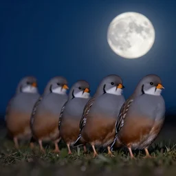 a row of fat bearded reedlings, midnight, moonlight, full moon, highly detailed, intricate, hyper realistic