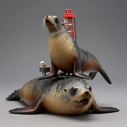 toxic oil rig mounted on the head of a anguished south american fur seal australis, by martine johanna, greg'craola'simkins ambient lighting, highly detailed diorama, doll house, model, zoom out, sharp focus, illustration