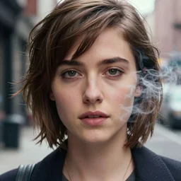 closeup potrait of Mary Elizabeth Winstead in a smoky new york back street, photograph, natural light, sharp, detailed face, magazine, press, photo, Steve McCurry, David Lazar, Canon, Nikon, focus