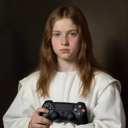 renaissance painting of a long haired teenager!!! clothed with a black playstation sweater and a black jean, full body!!!, renaissance!!! painting!!!, ultra detailed, masterpiece, framed