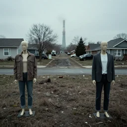 Nuclear test site suburban neighborhood with mannequins, eerie, sad, depressing