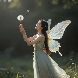 an ethereal delicate female fairy clinging to a dandelion seed that is blowing in the wind.