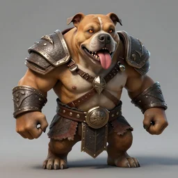 grinning pit bull barbarian, fantasy warrior, drooling, ultra detailed, 4 k, style of norman rockwell, style of richard corben.