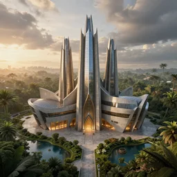 neo magicpunk gates of hell golgotha cathedral, designed by frank lloyd wright, surrounded by concrete and sprawling jungle, water ponds, volumetric lighting, sunset, metal, concrete, glass, cloudy skies, artstation, 8 k, photorealistic, finely detailed, unreal engine 5, imax, cinematic, epic, in the style of greg rutkowski