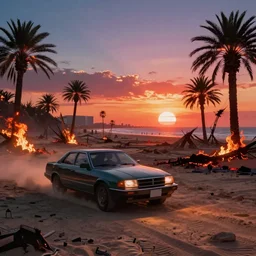 car lights wide shot epic post apocalyptic landscape wasteland miami desert fire craters end of the world miami beach sunset fucked up palm trees on fire 80s synth retrowave