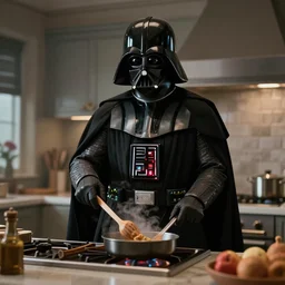 Darth Vader cooking in the kitchen, photo realistic, award-winning, highly-detailed, epic, cinematic