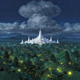 a giant forest with fireflies and futuristic white temples at night and lots of cummulonimbus clouds and a spaceship by makoto shinkai, by moebius!, by oliver vernon, by joseph moncada, by damon soule, by manabu ikeda, by kyle hotz, by dan mumford, by kilian eng