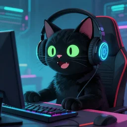 cool close - up happy!! gamer black cat playing computer games, artstation, by tim burton, by beeple, digital painting, wearing headphones, synthwave, cyberpunk, cyan