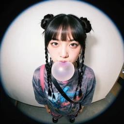 fisheye photo of asian girl, stylish, vibrant, hair in two buns, with bangs and thin braids in front, baggy clothes, with chewing gum, bubble, pink and purple and blue